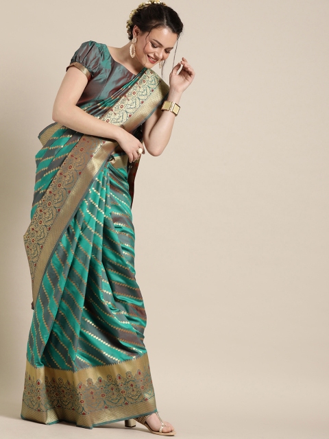 

Inddus Green & Gold-Toned Silk Blend Striped Saree