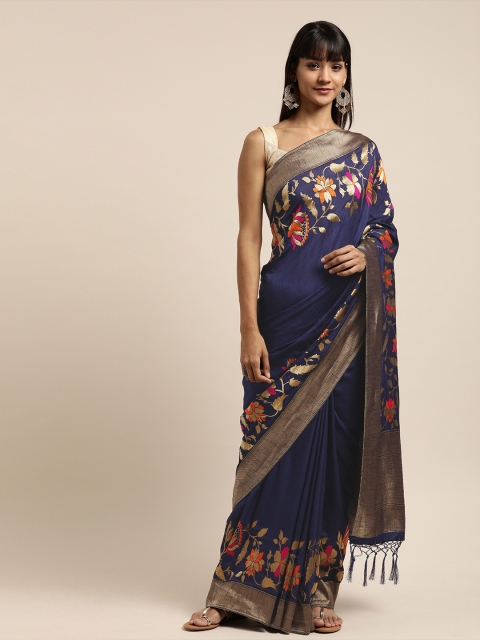 

Inddus Navy Blue & Multicoloured Silk Blend Woven Design Saree