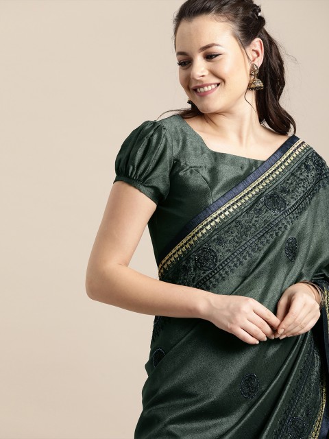 

Inddus Grey Silk Blend Saree With Embroidered Detail with Unstitched Blouse