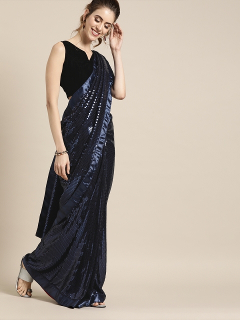 

Inddus Navy Blue Embellished Poly Georgette Saree With Sequinned Detail