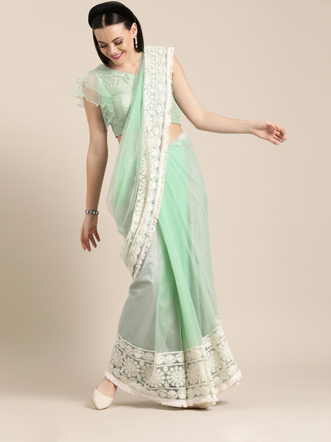 

Inddus Sea Green Solid Net Saree With Embroidery