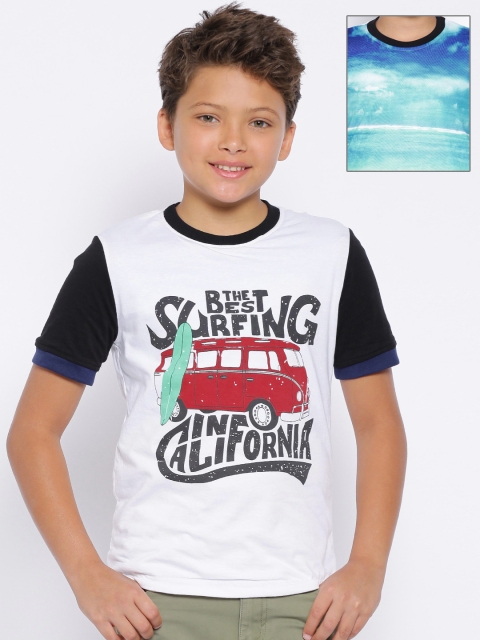 

YK Boys White & Blue Reversible Printed T-shirt