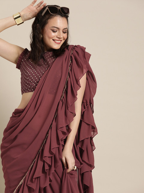 

Inddus Maroon Georgette Ruffle Saree with Unstitched Blouse