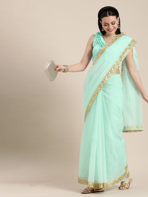 

Inddus Sea Green Organza Solid Party Saree