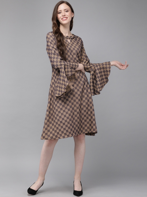 

MIMOSA Women Navy Blue & Beige Checked A-Line Dress With Cut-Out Detailing