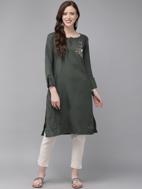 

MIMOSA Women Green Solid Straight Kurta With Embroidered Detailing