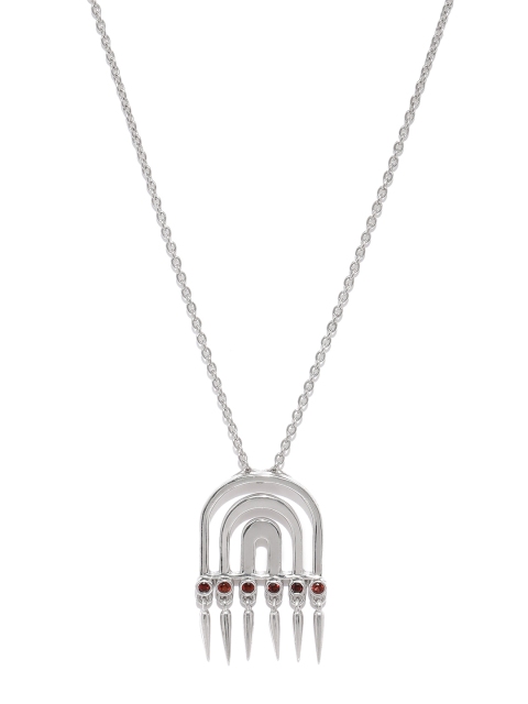 

Gehna 925 Sterling Silver Silver-Toned U-Shaped Garnet Studded Pendant with Chain