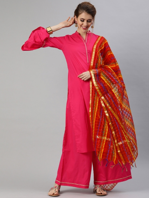

Tulsattva Women Fuchsia Pink Solid Kurta with Palazzos & Dupatta