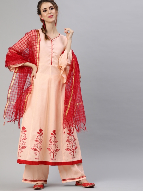 

Tulsattva Women Peach-Coloured & Red Printed Kurta with Palazzos & Dupatta