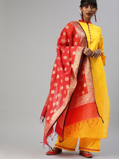 

Tulsattva Women Yellow & Red Solid Kurta with Palazzos & Dupatta