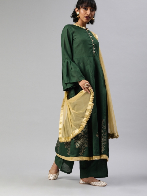 

Tulsattva Women Green Solid Kurta with Palazzos & Dupatta