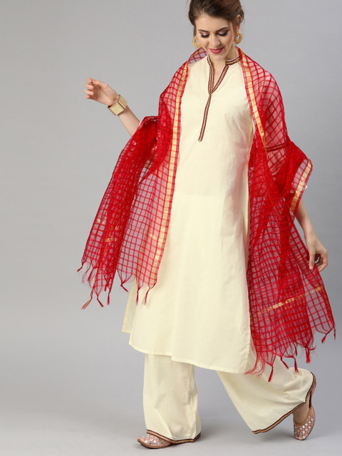 

Tulsattva Women Cream-Coloured & Red Solid Kurta with Palazzos & Dupatta