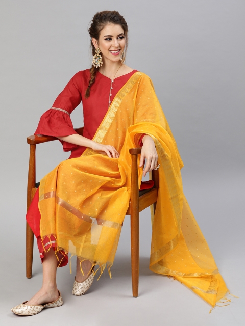 

Tulsattva Women Red & Mustard Yellow Solid Kurta with Palazzos & Dupatta