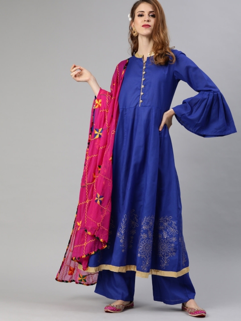 

Tulsattva Women Navy Blue & Pink Solid Kurta with Palazzos & Dupatta