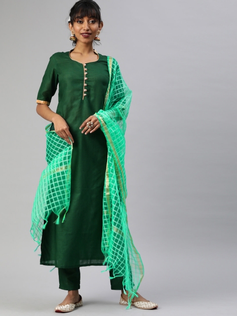 

Tulsattva Women Green & Gold-Coloured Solid Kurta with Trousers & Dupatta