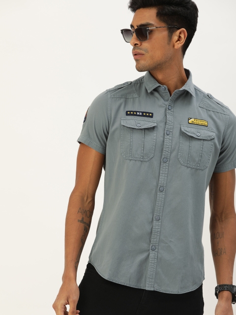 

Moda Rapido Men Grey Regular Fit Solid Casual Shirt with Applique Detailing