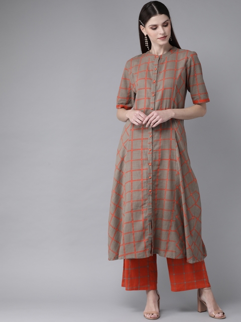 

AKS Women Grey & Orange Checked Kurta with Palazzos