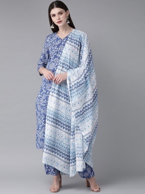 

AKS Women Blue & White Printed Kurta with Salwar & Dupatta