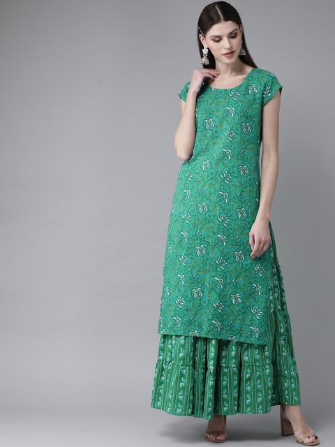 

AKS Women Green & Off-White Printed Kurta with Skirt