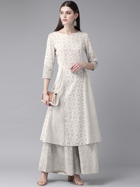 

AKS Women Off-White & Charcoal Grey Printed Kurta with Palazzos