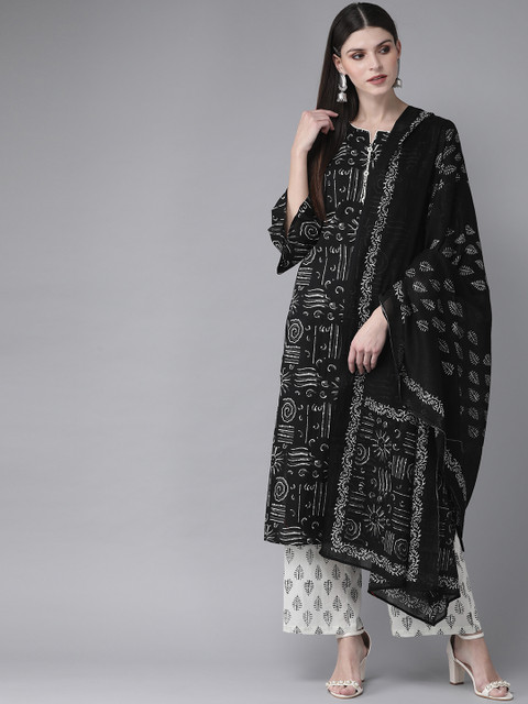 

AKS Women Black & White Printed Kurta with Palazzos & Dupatta