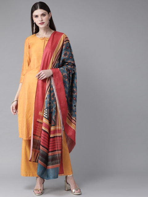 

AKS Women Mustard Yellow & Teal Blue Solid Kurta with Palazzos & Dupatta