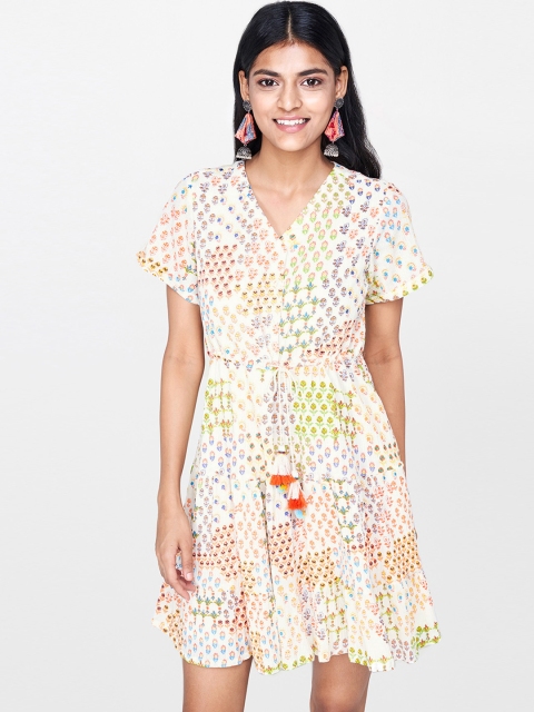

Global Desi Women Off-White & Orange Printed Fit and Flare Dress