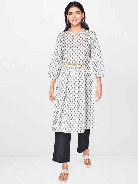 

Global Desi Women Off-White & Black Woven Design A-Line Kurta With Tasseled Detailing