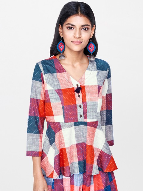 

Global Desi Women Multicoloured Checked Top With Gathered Detail, Multi