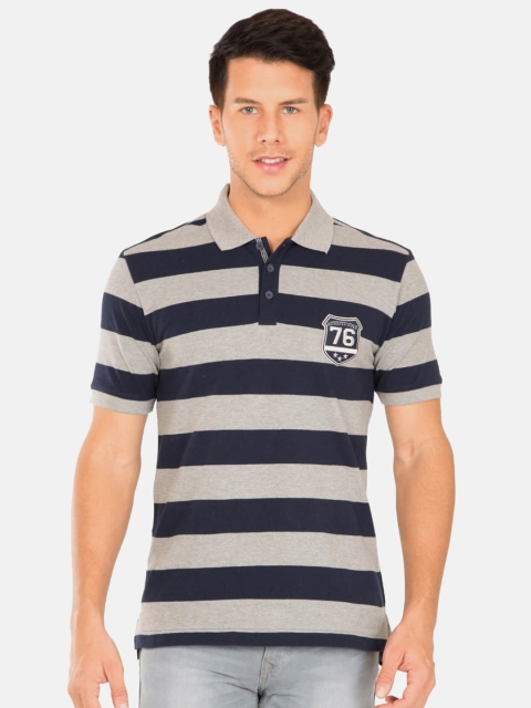 

Jockey Men Grey & Navy Blue Striped Polo Collar T-shirt