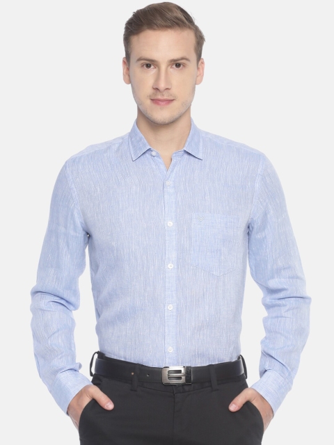 Men Blue Regular Fit Self Design Sustainable Formal Linen Shirt
