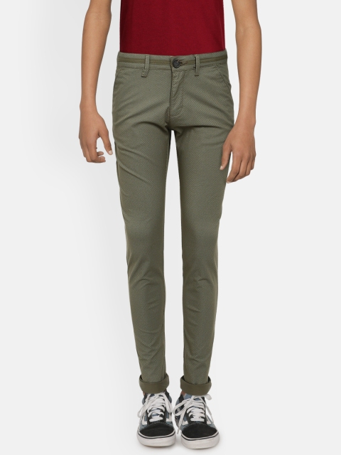 

Indian Terrain Boys Olive Green Self Design Regular Fit Solid Chinos