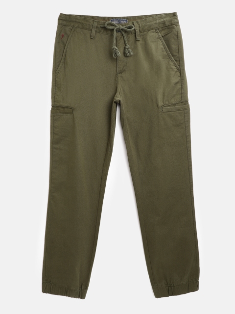 

Indian Terrain Boys Olive Green Solid Cotton Joggers Trousers