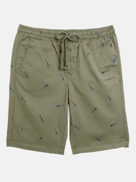 

Indian Terrain Boys Olive Green Cotton Guitar Print Mid-Rise Shorts