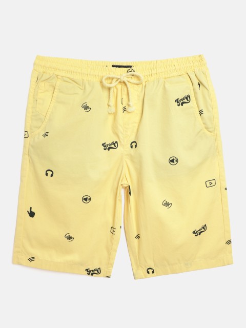 

Indian Terrain Boys Yellow Cotton Conversational Printed Mid-Rise Shorts