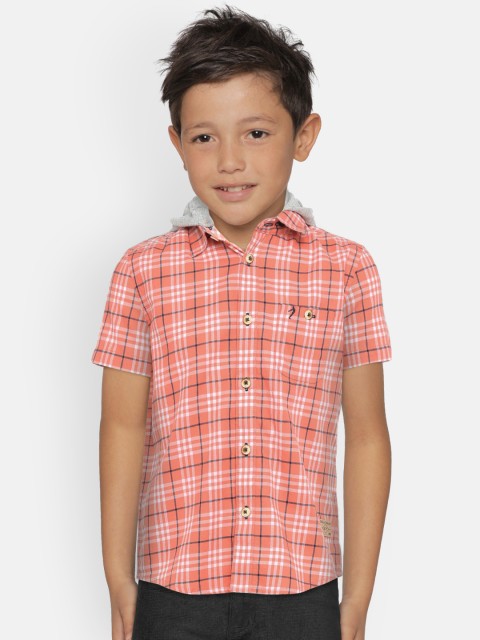 

Indian Terrain Boys Rust Orange & White Regular Fit Hooded Checked Casual Shirt