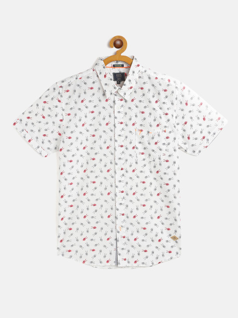 

Indian Terrain Boys White & Coral Pink Conversational Print Cotton Casual Shirt