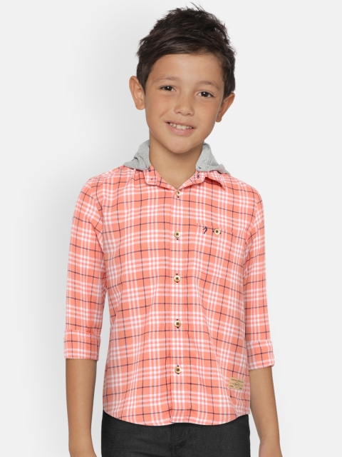 

Indian Terrain Boys Rust Orange & White Regular Fit Hooded Checked Casual Shirt