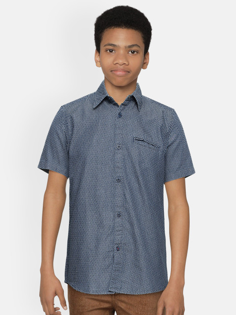 

Indian Terrain Boys Navy Blue & White Regular Fit Printed Pure Cotton Casual Shirt