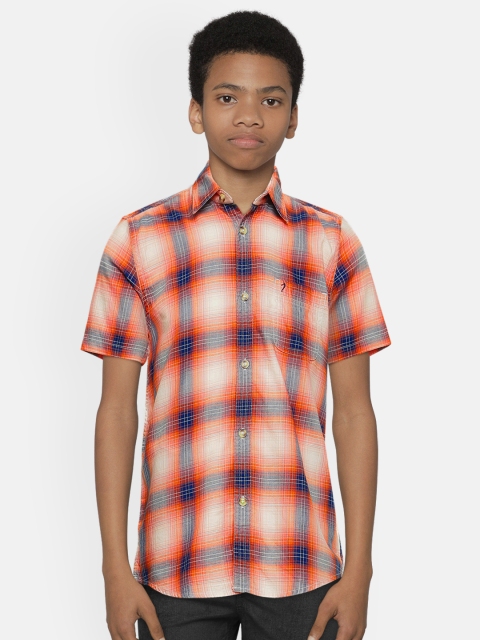 

Indian Terrain Boys Orange & Navy Blue Regular Fit Checked Pure Cotton Casual Shirt
