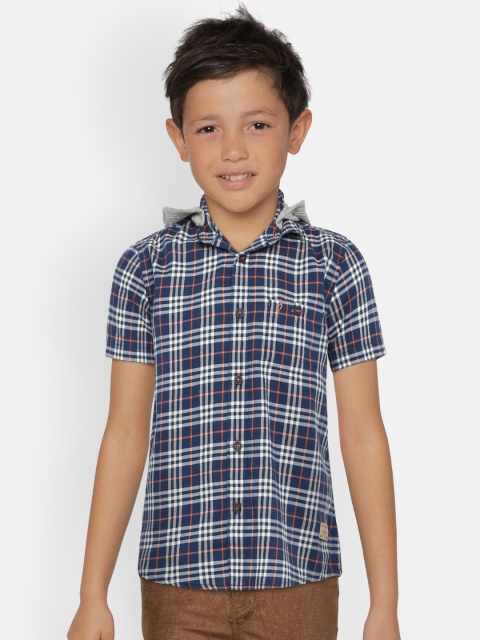 

Indian Terrain Boys Navy & White Regular Fit Hooded Checked Casual Shirt, Navy blue