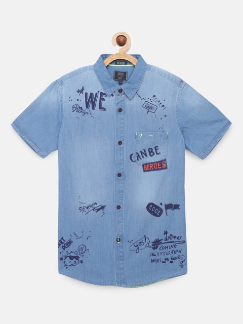 

Indian Terrain Boys Blue Regular Fit Printed Pure Cotton Casual Shirt
