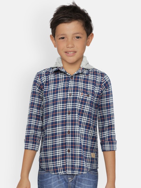 

Indian Terrain Boys Navy Blue & White Regular Fit Hooded Checked Casual Shirt