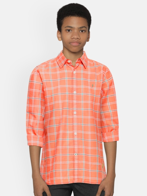 

Indian Terrain Boys Coral Orange & Green Regular Fit Checked Cotton Casual Shirt