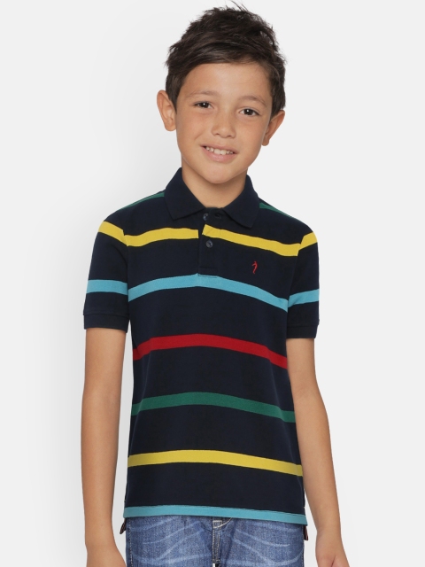 

Indian Terrain Boys Navy Blue Striped Polo Collar Pure Cotton T-shirt