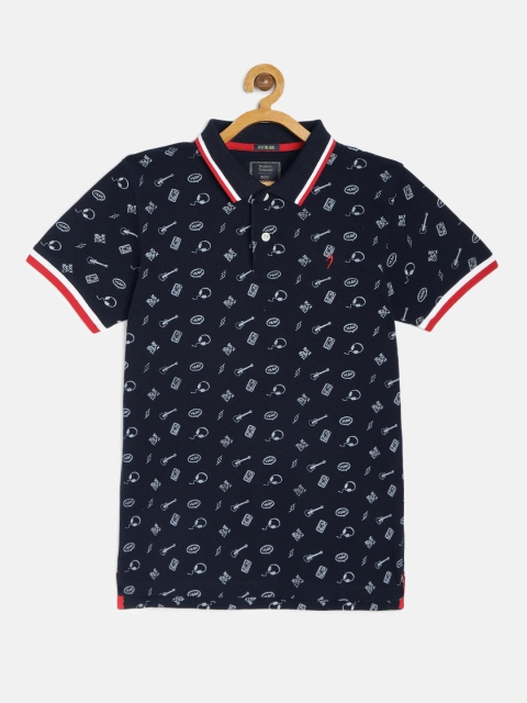 

Indian Terrain Boys Navy Blue Printed Pure Cotton Polo Collar T-shirt