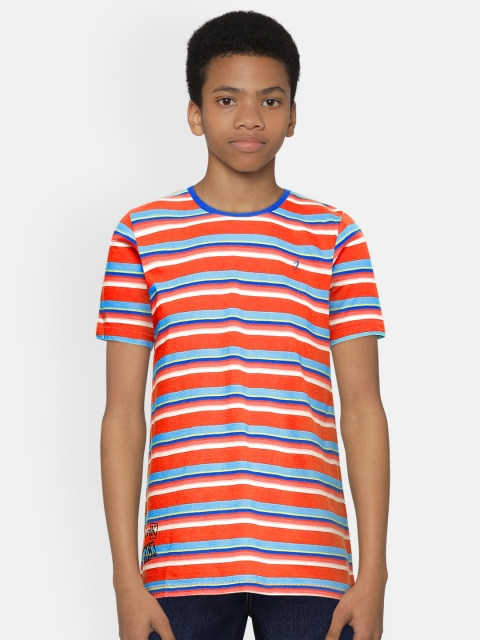 

Indian Terrain Boys Orange Striped Pure Cotton T-shirt