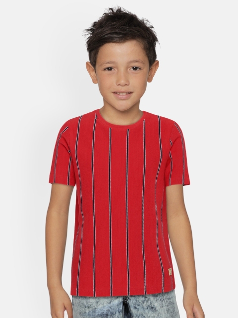 

Indian Terrain Boys Red Striped Round Neck Pure Cotton T-shirt