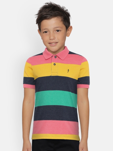 

Indian Terrain Boys Pink & Navy Blue Striped Polo Collar T-shirt