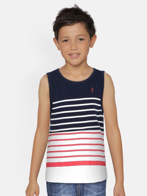 

Indian Terrain Boys Navy Blue & White Striped Round Neck Sleeveless T-shirt